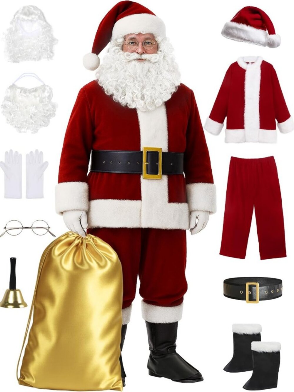 Deluxe 11pc Christmas Santa Suit - Ultra Velvet Adult Costume for Holiday Cheer